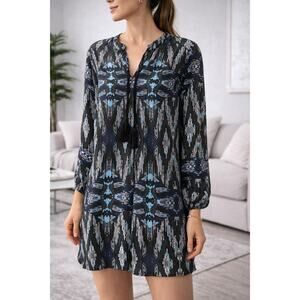 Collective Concepts Boho Ikat Print Tassel Tie Tunic Top Black Blue Size M